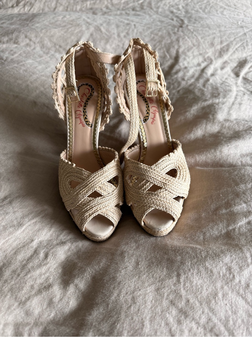 Charlotte Olympia Cream Braided Peep-Toe Wedge Sandals